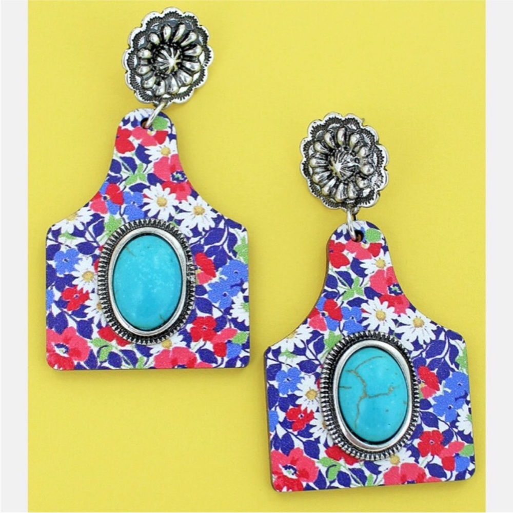 CLOSET CLEAR OUT! Blue Stone & Floral Wood Cattle Tag Earrings